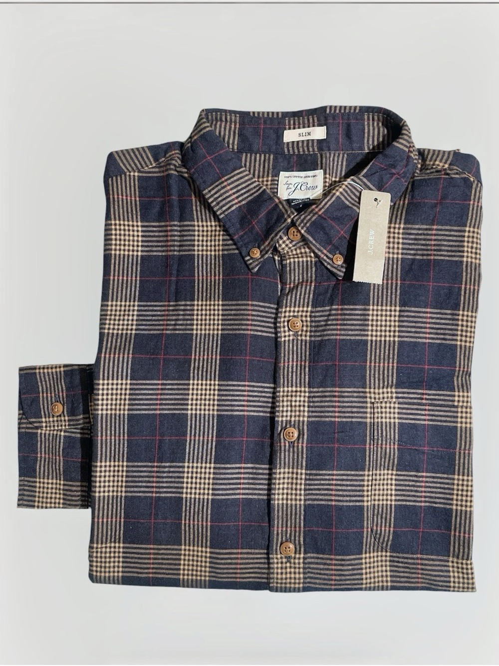 J. Crew Navy Plaid Button-Down Slim Shirt with Tan Accent XL
